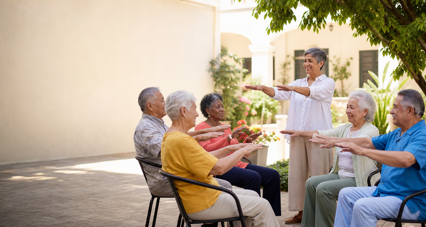 Older adults enjoying a gentle group movement session in a sunny courtyard
